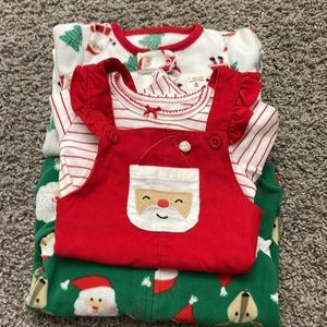 Carters bundle: 2 Santa sleepers and Santa jumper with stripe long sleeve top.